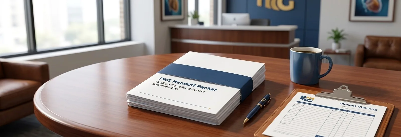 PHG handoff packet on a conference table.