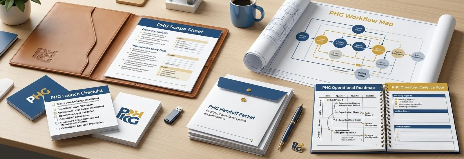 PHG operational artifacts including a scope sheet, workflow map, launch checklist, handoff packet, roadmap, and cadence note on a desk.