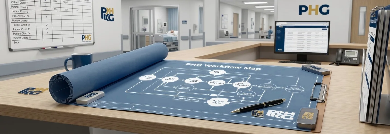 PHG workflow map on a clinic operations desk.